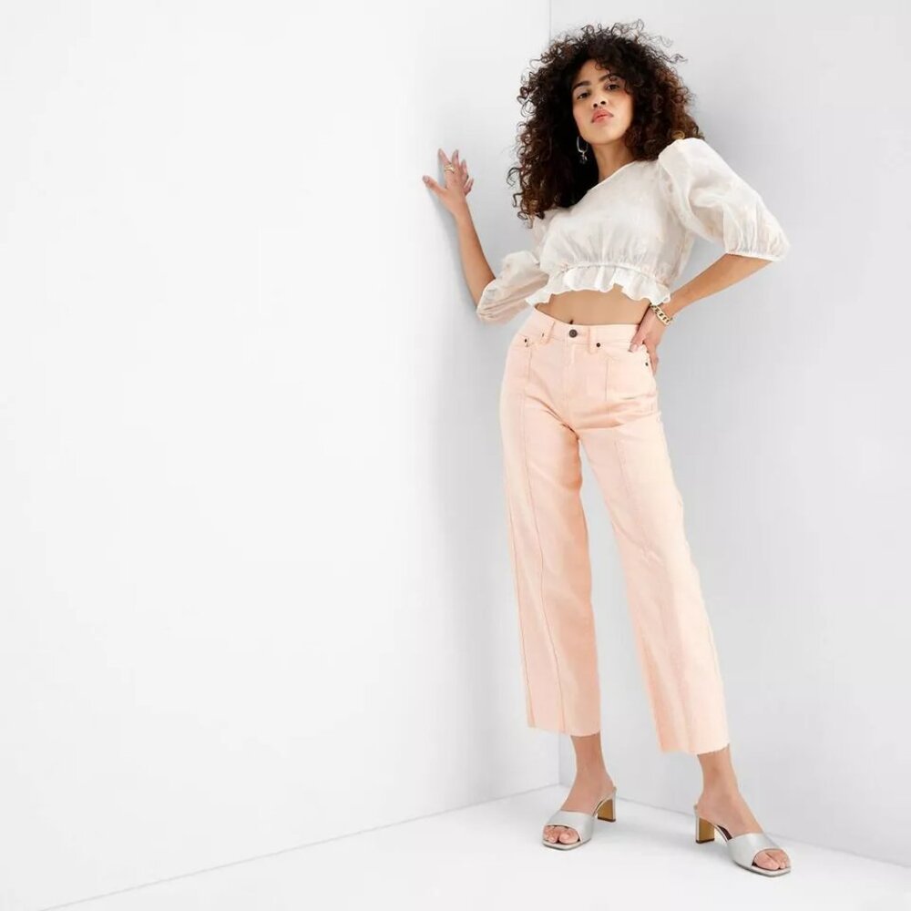 FUTURE COLLECTIVE CASUAL FIT FULL STRAIGHT LEG RAW HEM JEANS - 8 - Peach NWT WoW